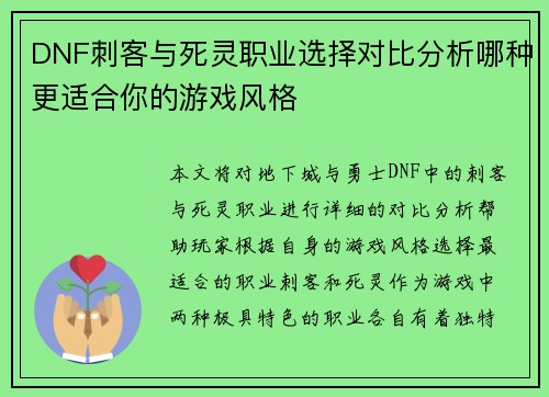 DNF刺客与死灵职业选择对比分析哪种更适合你的游戏风格